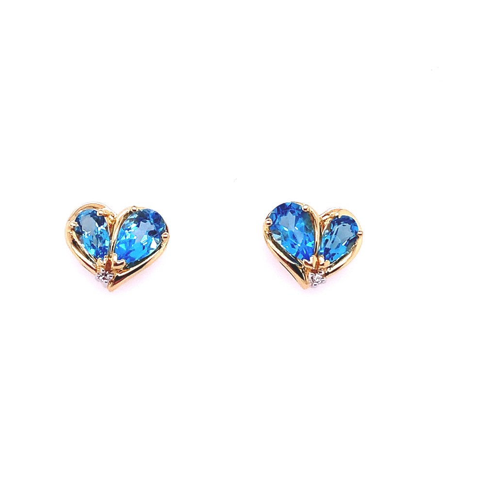 14k Yellow Gold Double Heart Blue Topaz Earrings